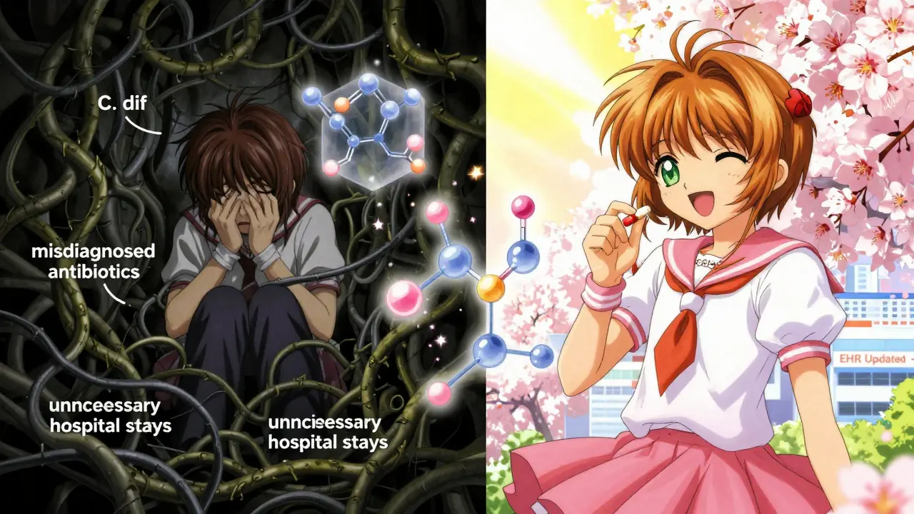 A split scene showing harm from mislabeled allergies versus health from correct understanding, with blossoms and molecular light.