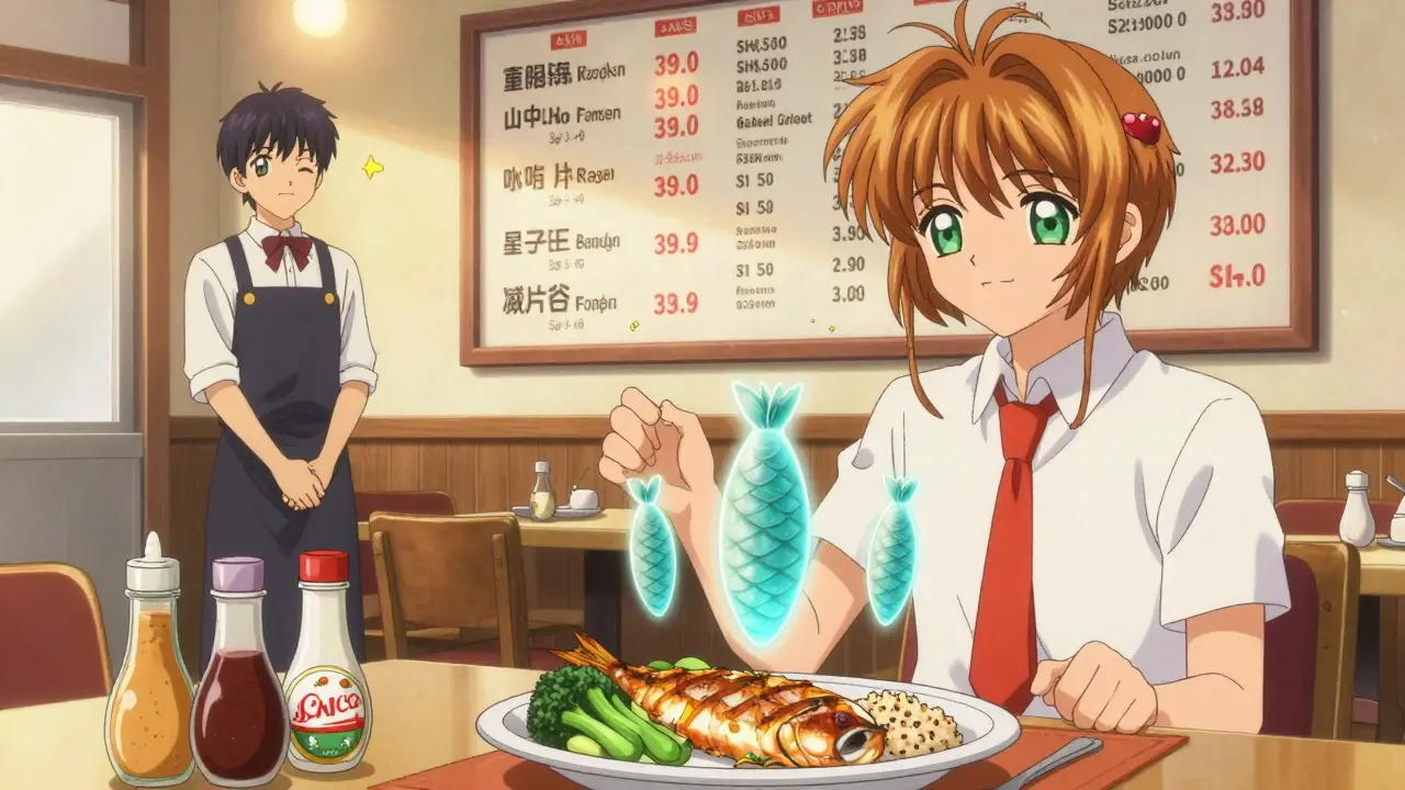 A traveler enjoying a balanced meal at a restaurant with vegetables and grilled fish, magical nutrition scales floating above.