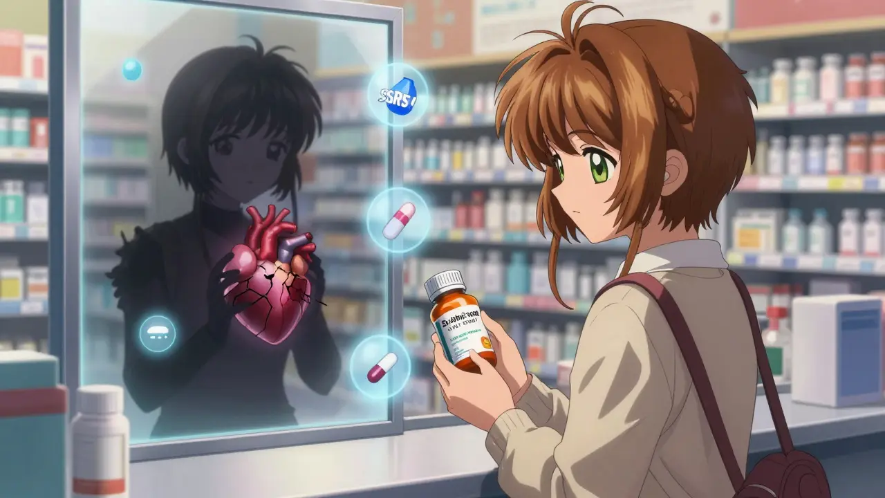 A woman at a pharmacy whose reflection shows her transplanted heart cracking.
