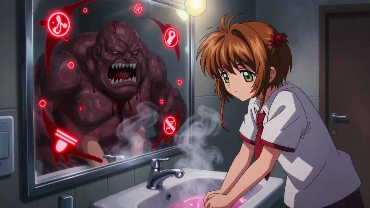A young adult stares at a distorted reflection in the bathroom mirror, with glowing symbols of purging swirling in the air.
