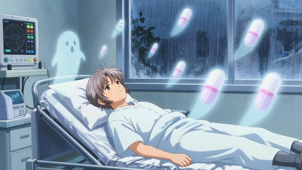 An elderly patient in an ER bed, ghostly missed pills floating above as rain falls outside the window.