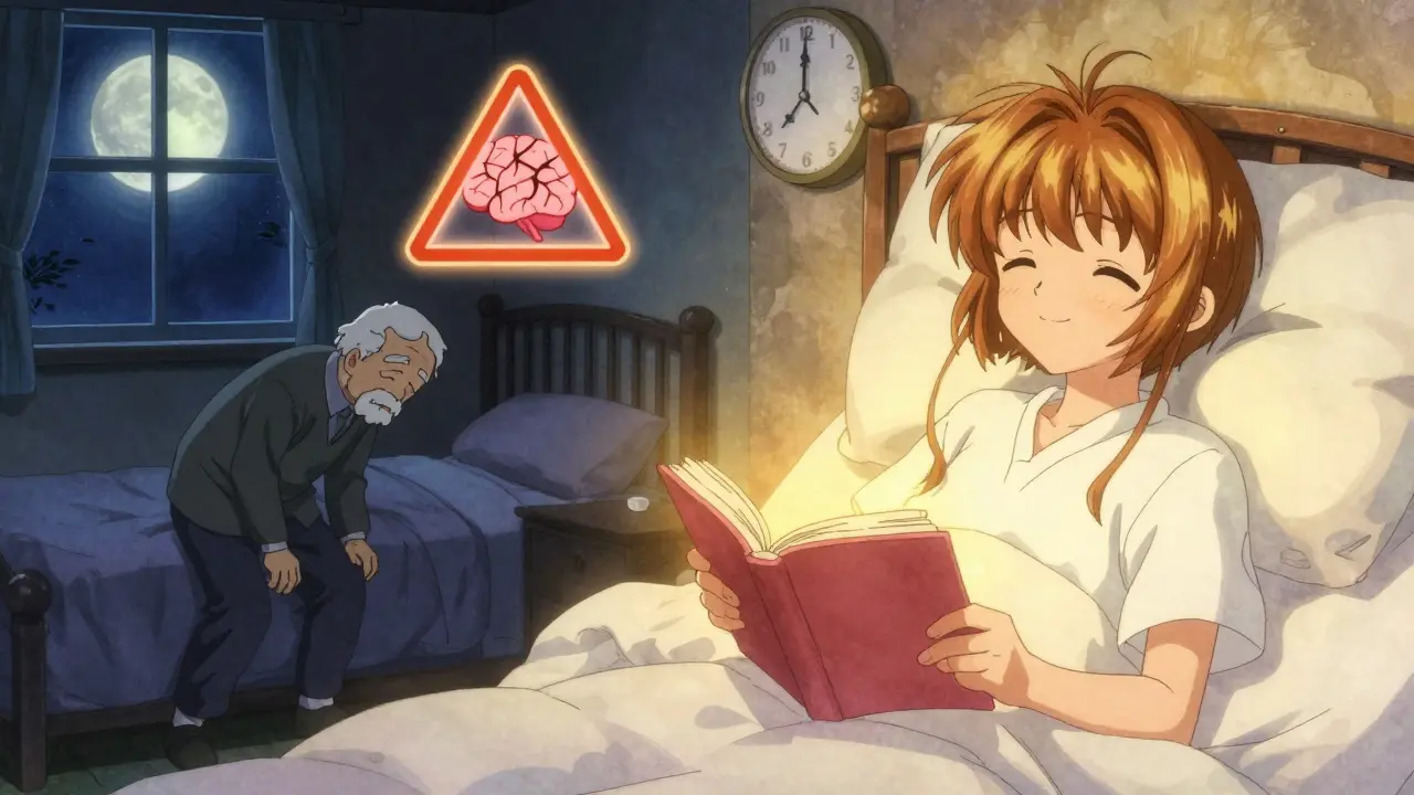 An elderly person transitioning from stumbling in darkness to peaceful sleep with warm light and a book.