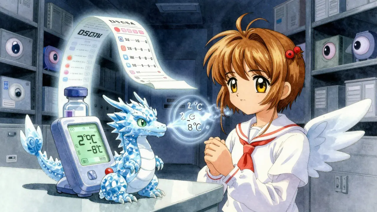 An ice dragon guards an insulin vial with perfect temperature aura, while digital transaction logs float above.