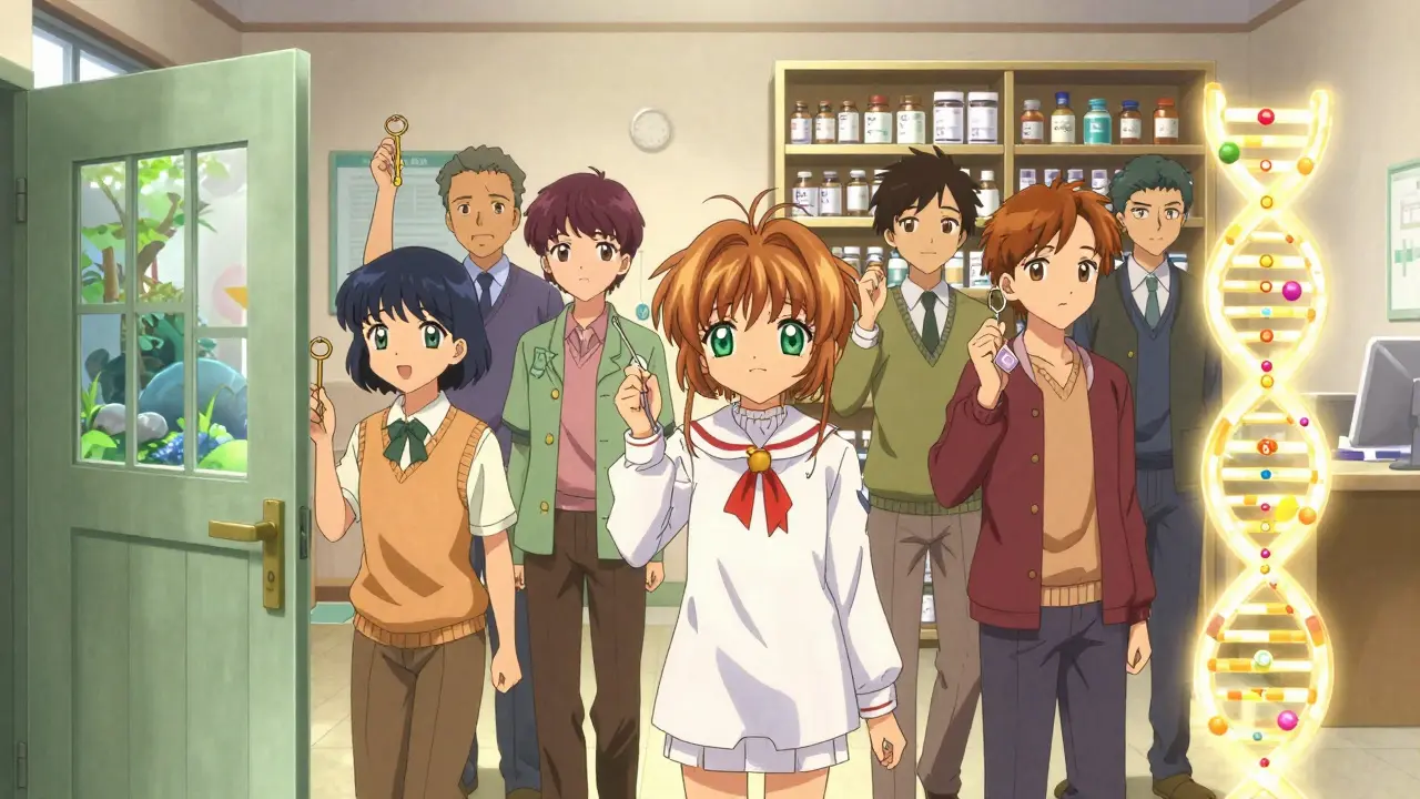 Diverse patients unlock personalized health paths with magical keys in a bright community center.