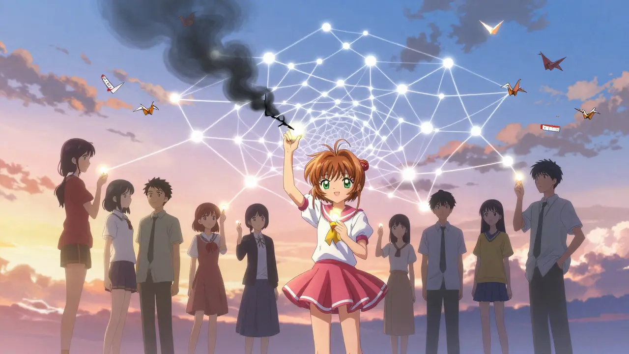 Diverse people connected by glowing pills forming a fragile web of community health under a sunrise.