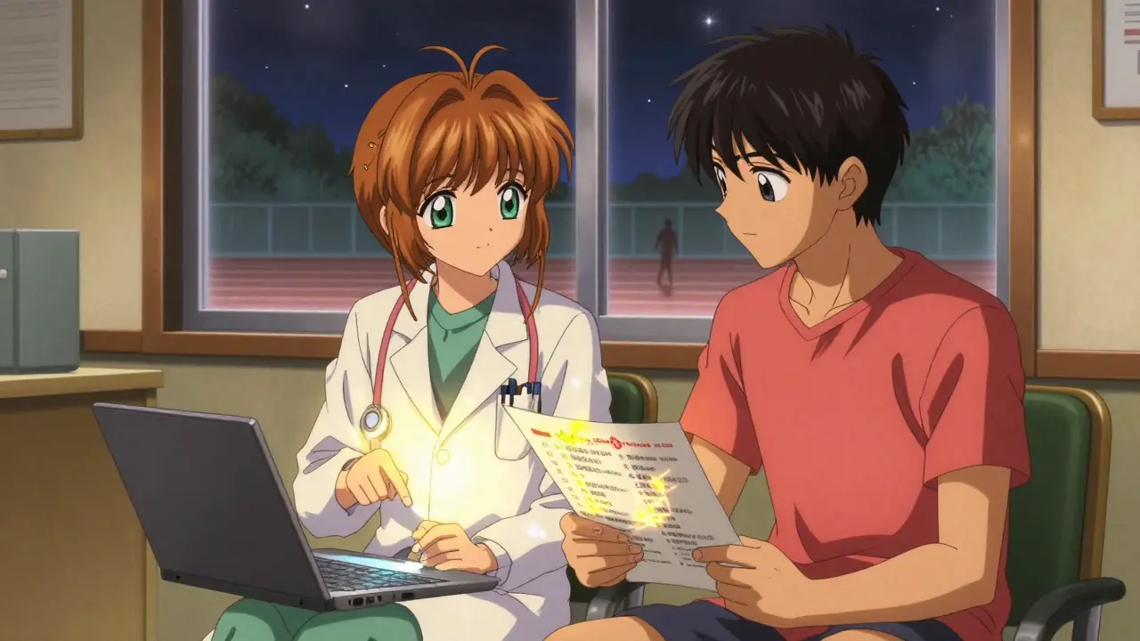 Doctor and athlete reviewing Global DRO on a glowing tablet in a warm clinic.