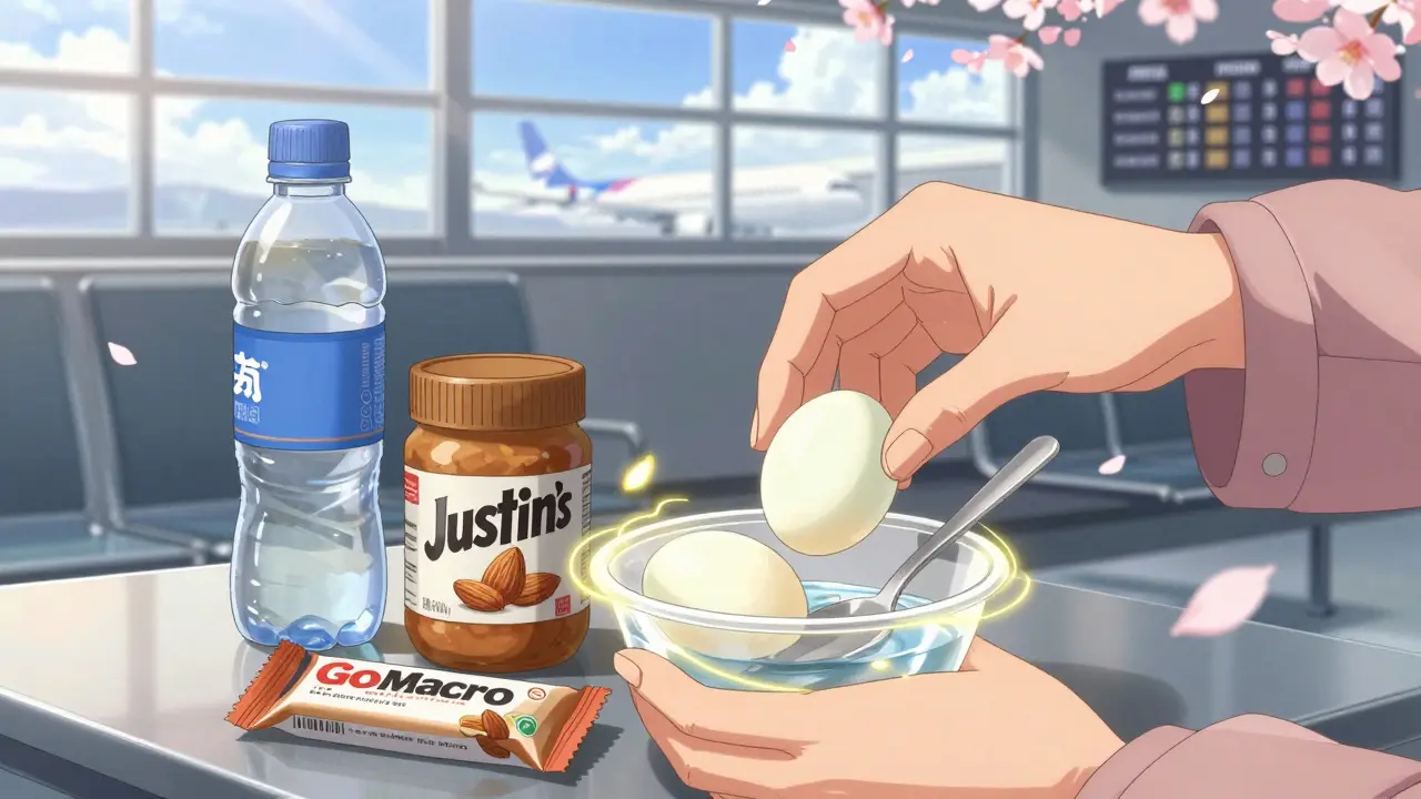 Hard-boiled eggs and protein snacks packed neatly in a travel container with water and reusable bottle.