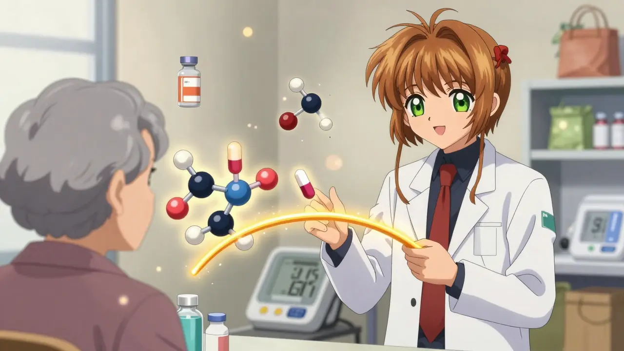 Pharmacist explaining generic medication with molecular structures connected by a golden bridge.