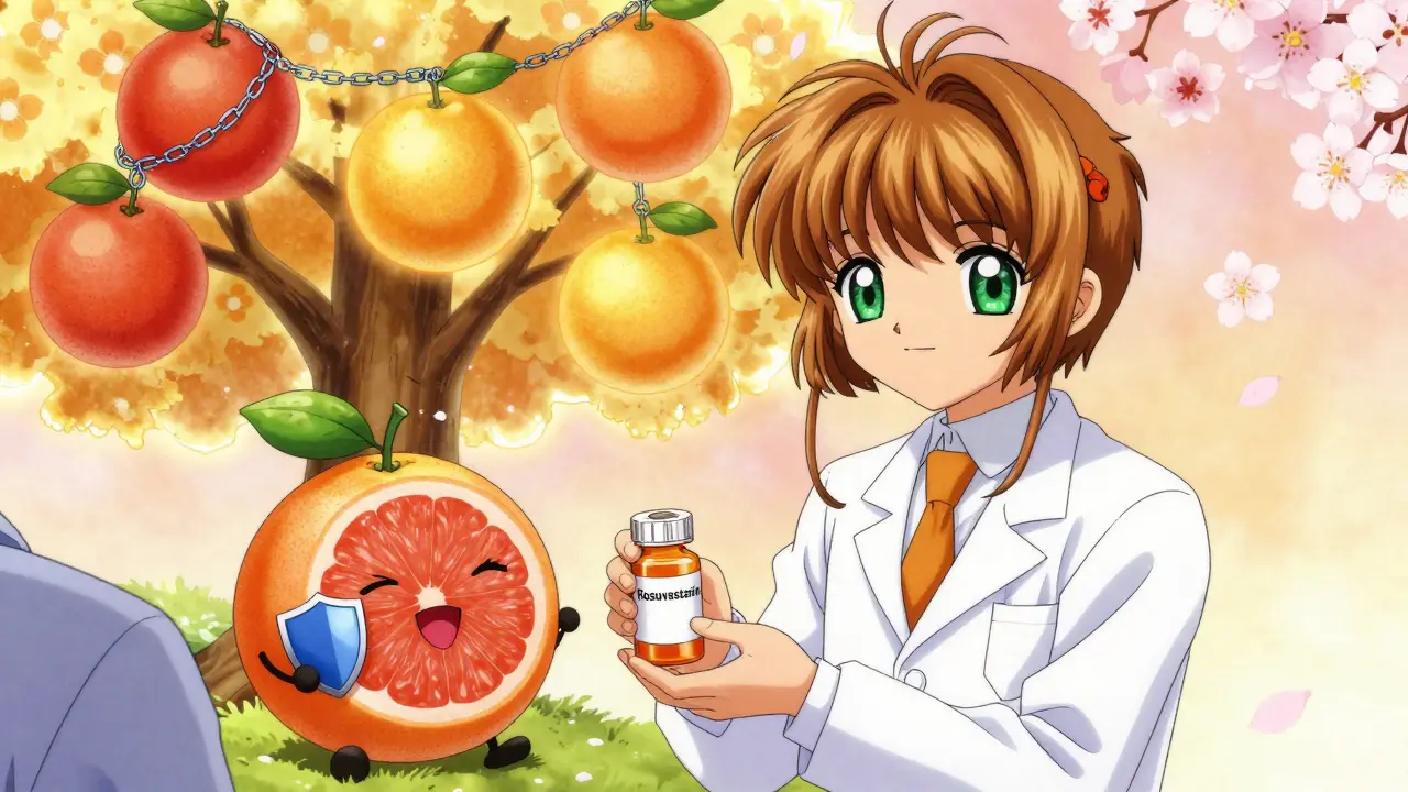Pharmacist gives safe statin prescription as a shielded grapefruit smiles beside them.