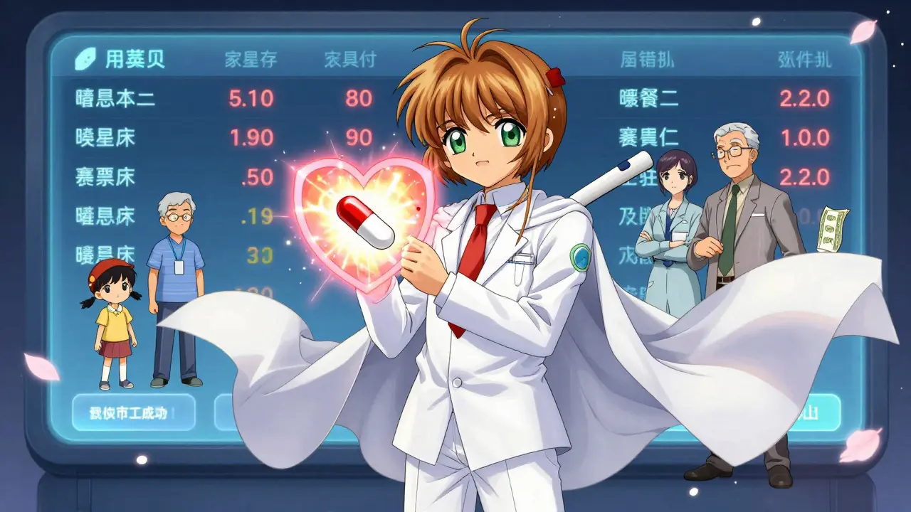 Provider standing before a price-comparison screen, a generic pill radiating a protective heart aura.