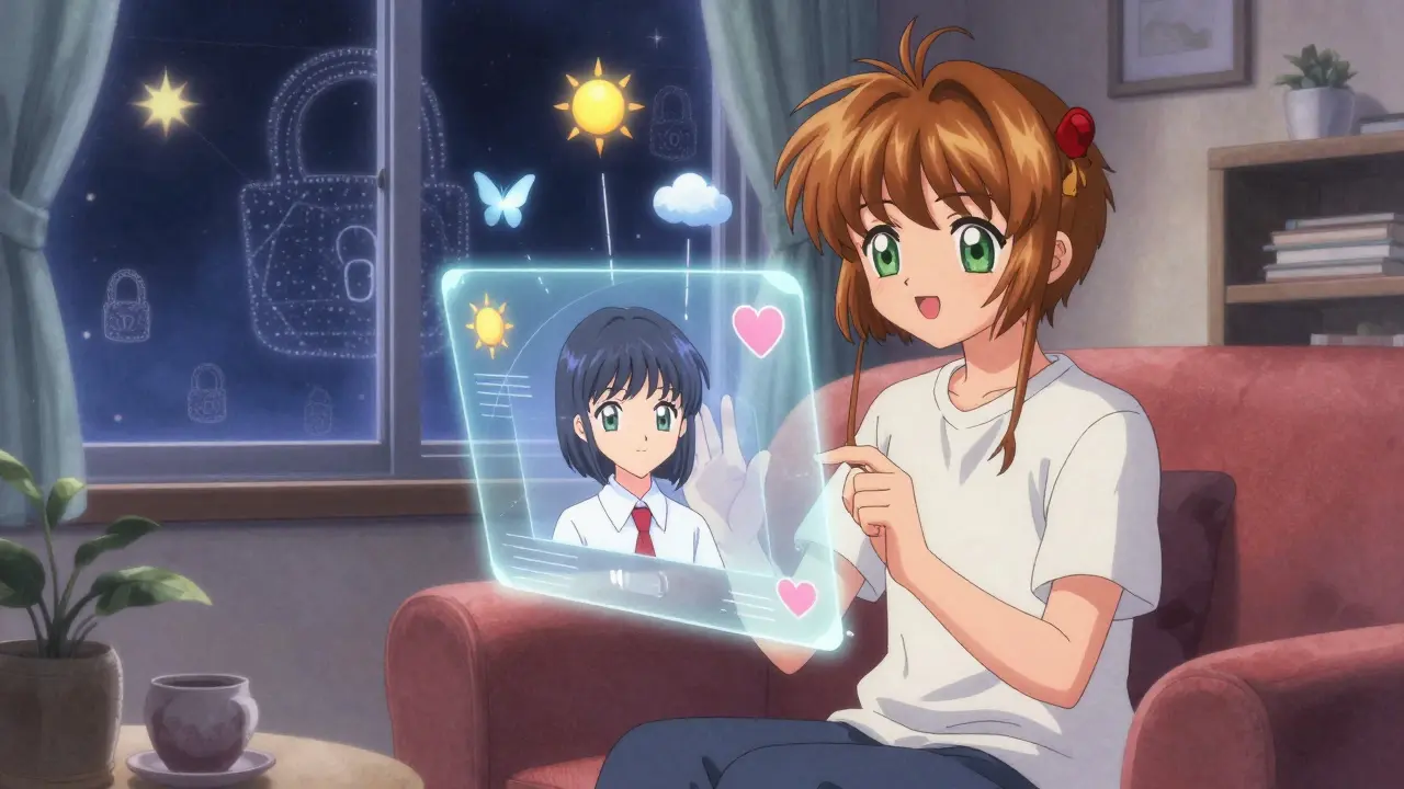 Someone in a living room video-calling a therapist, with mood symbols floating as butterflies and encrypted stars outside.