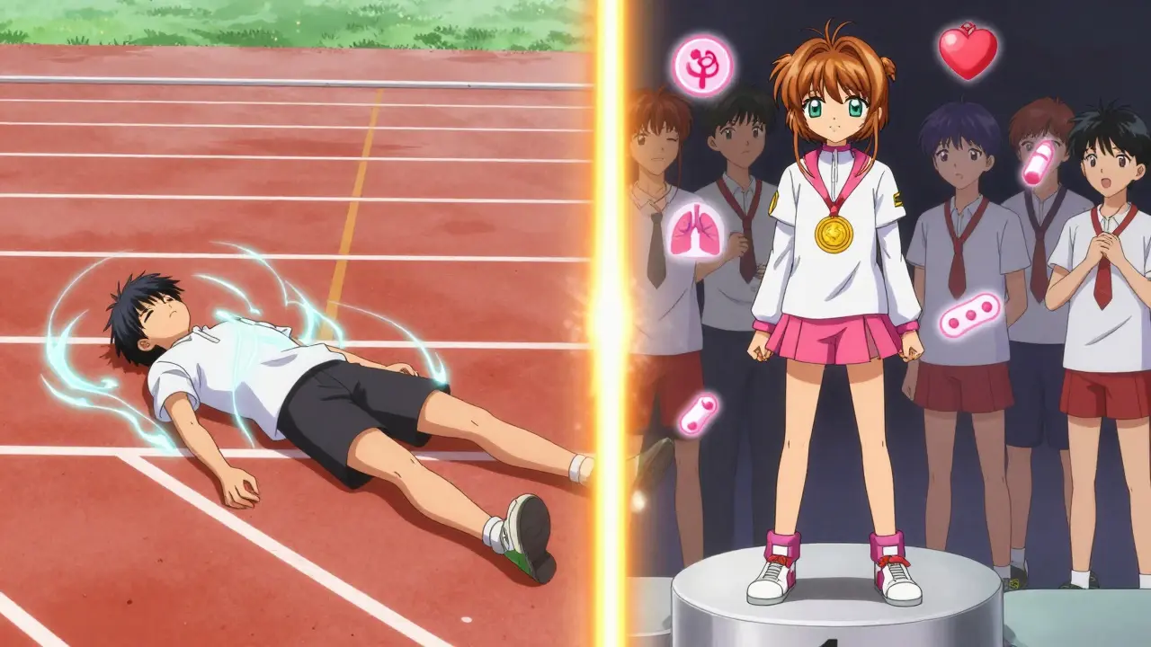 Split scene: athlete collapsing vs. standing on podium with glowing TUE badge.