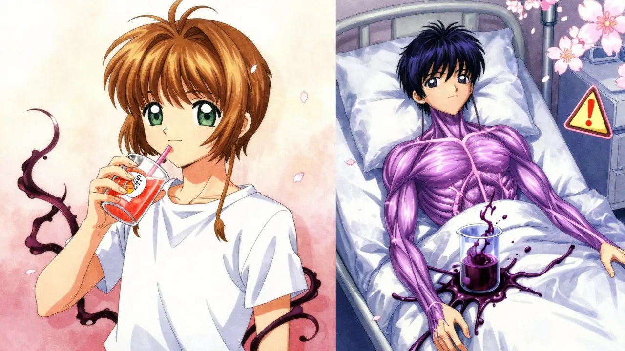 Split scene: happy juice drinker vs. hospitalized patient with muscle damage and dark urine.