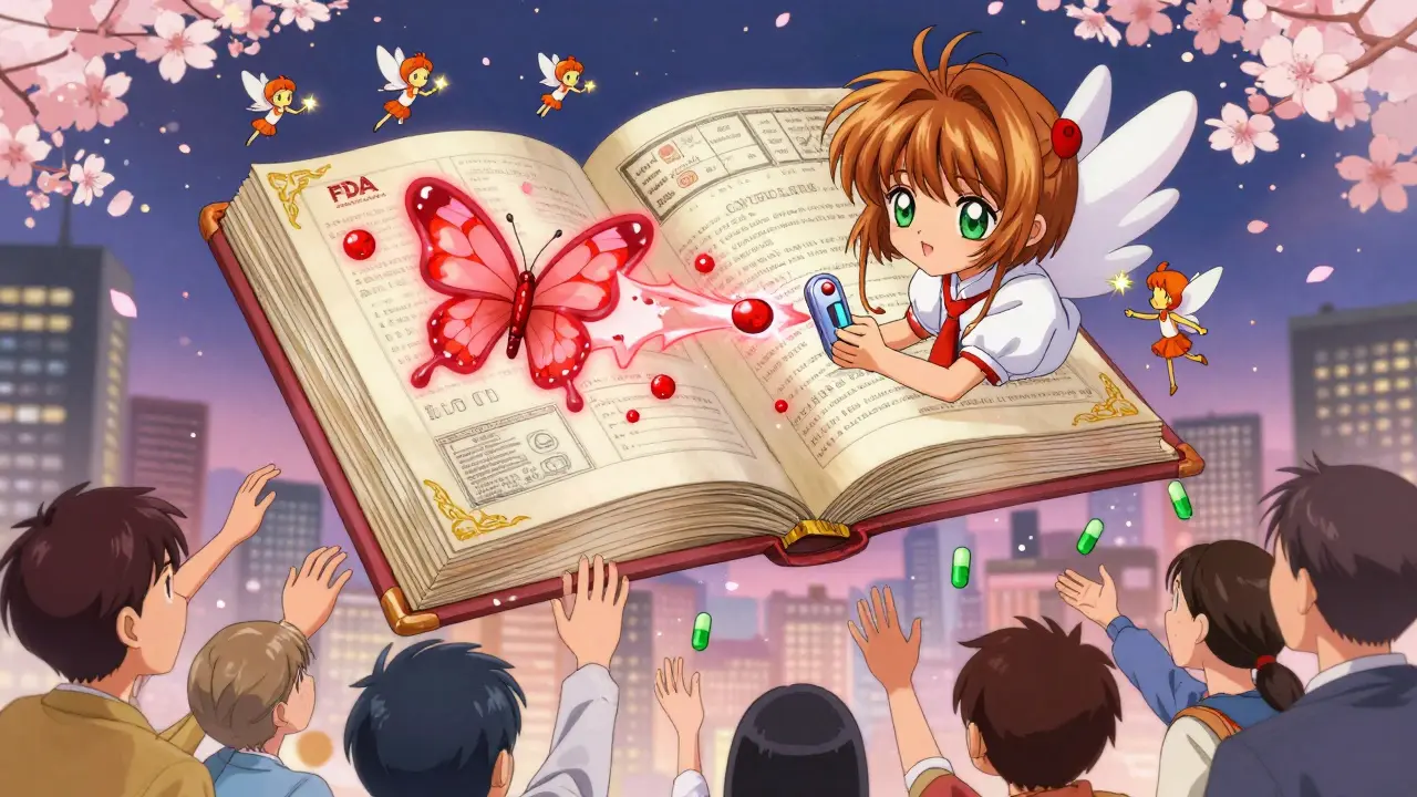 The Orange Book as a glowing book with absurd patents being erased by fairy agents, patients reaching for falling generic capsules.