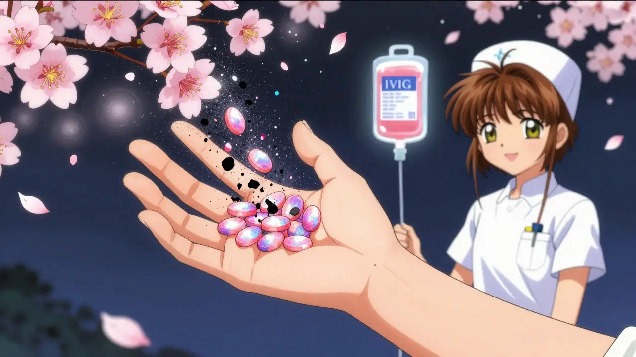 A child's hand with vibrant platelets blooming like cherry blossoms, replacing crumbling dark platelets as IVIG restores blood health.