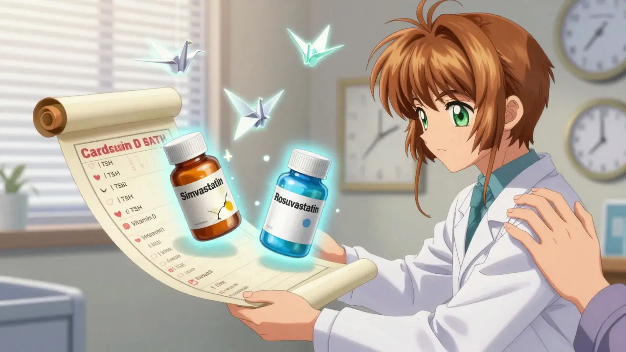 A doctor and patient beside floating statin bottles, with test results appearing as glowing paper cranes in a warm, magical clinic setting.
