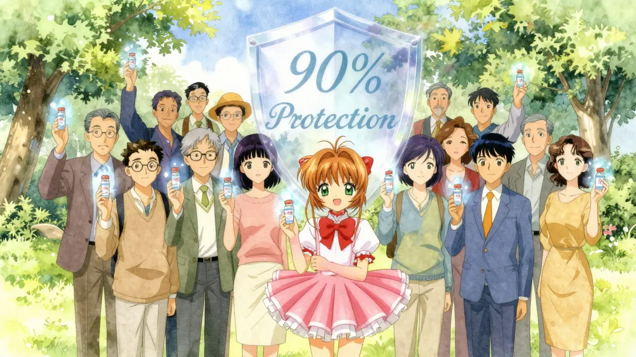 A group of older adults holding glowing Shingrix vials, surrounded by a protective energy shield in soft anime style.