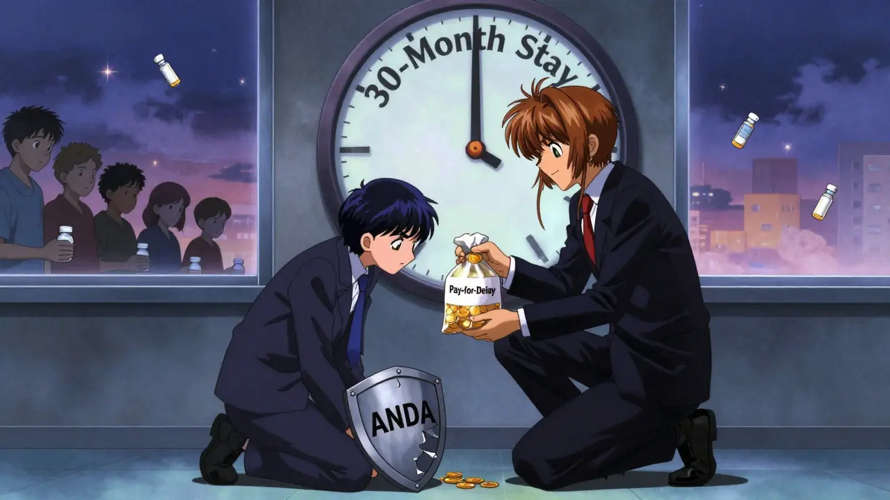 A pharmaceutical executive handing gold coins to a defeated generic maker, while patients wait with empty bottles.