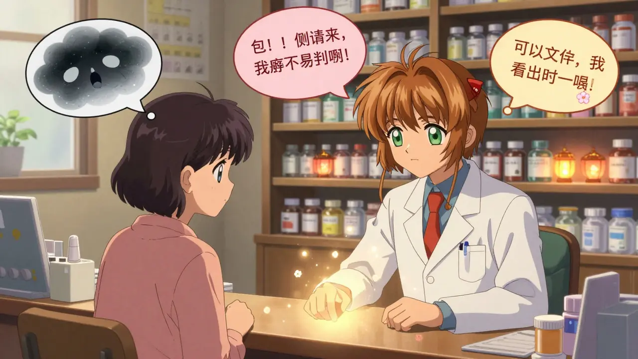 A pharmacist and patient in a pharmacy, with contrasting thought bubbles showing fear and reassurance.