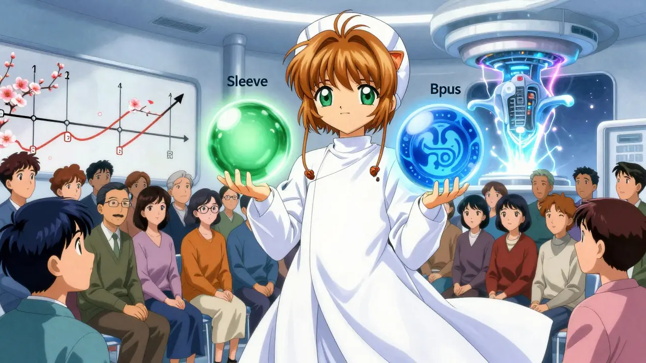 A surgeon holds glowing sleeve and bypass orbs as patients watch, with a timeline of weight loss blooming into flowers in the background.