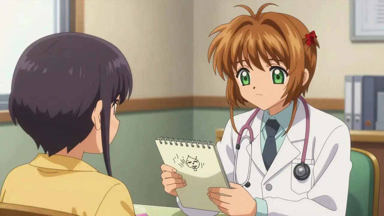 Anime style patient discussing side effects with doctor in clinic setting.