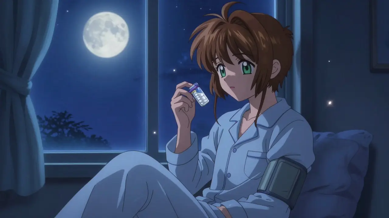 Anime style person taking nighttime blood pressure medication with moonlit window.