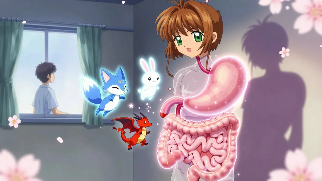 Anthropomorphic vitamin spirits glowing inside a translucent human digestive system under soft light.