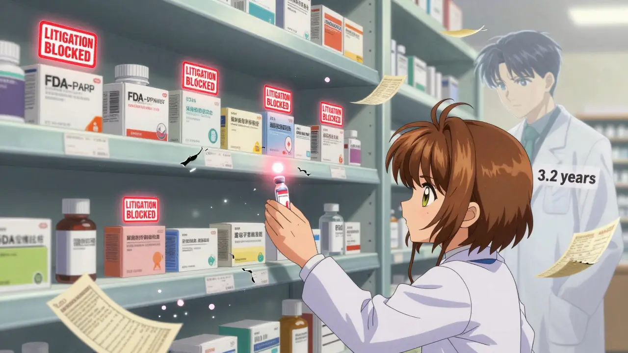 Approved generic drugs sit blocked on a shelf, a girl reaching for insulin as patent papers crumble like petals.