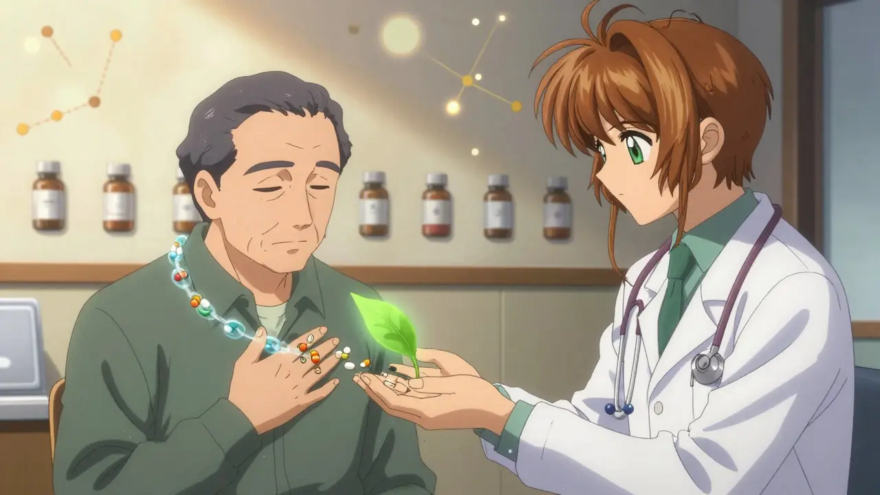 Older man releasing outdated pills as a green leaf symbolizes safe deprescribing.