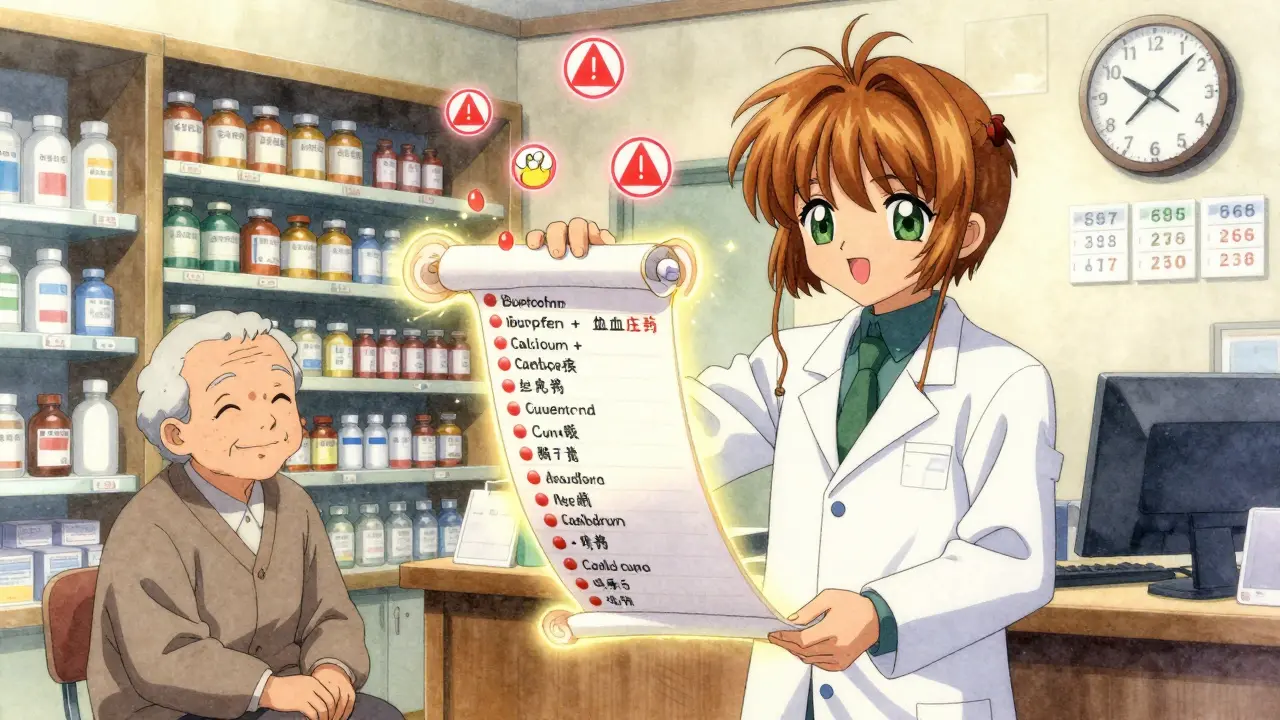 Pharmacist holding a glowing medication list with warning symbols above conflicting drugs.