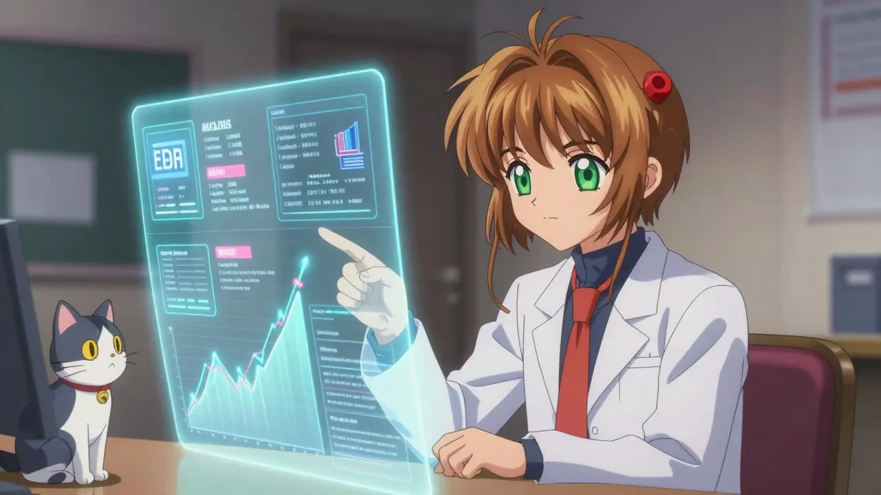 Researcher with AI companion analyzing data streams for regulatory harmonization.