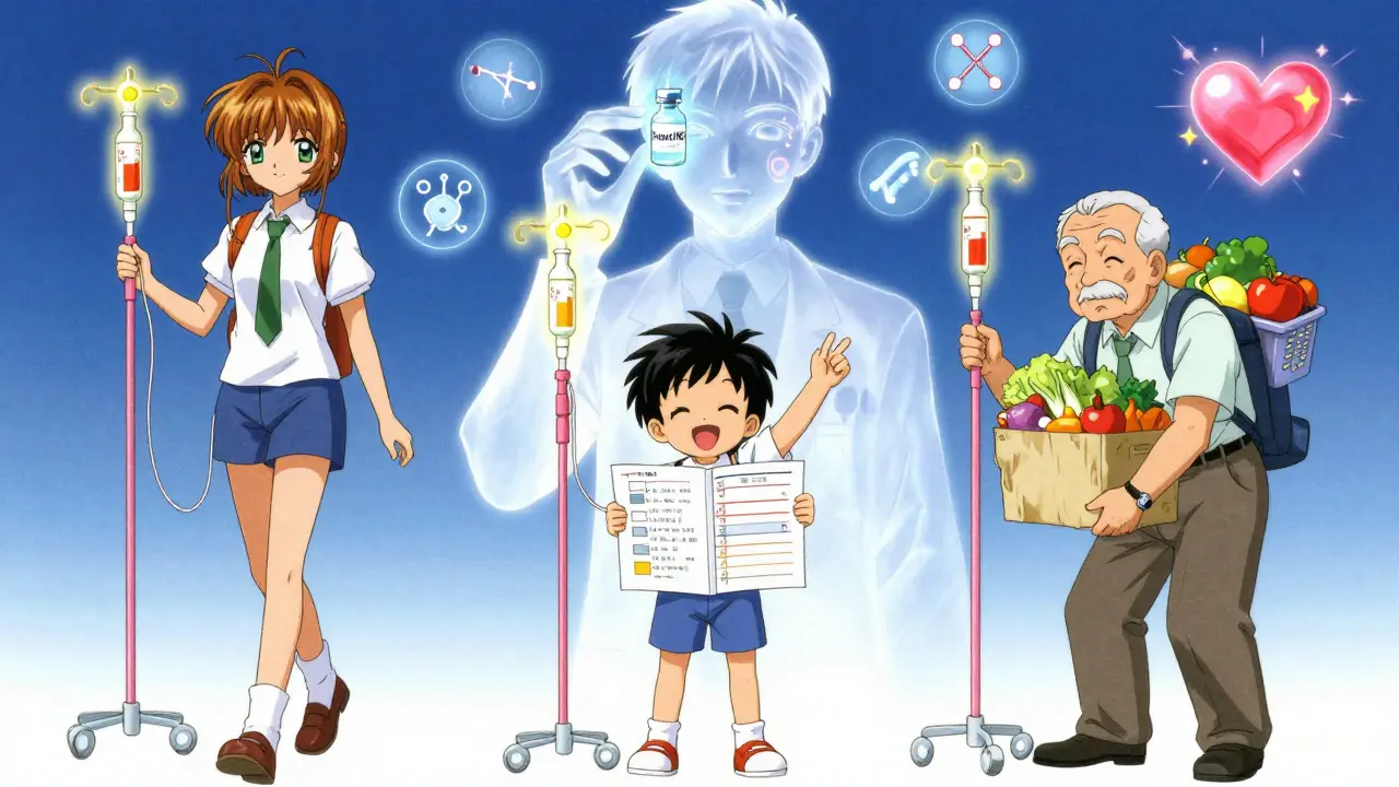 Three patients thriving after IVIG treatment, each glowing with golden light, while a scientist holds a futuristic IVIG vial in the background.