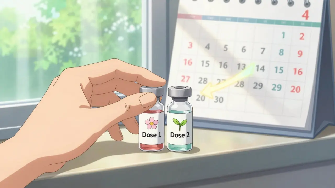Two Shingrix vaccine vials on a windowsill with blooming flowers, symbolizing the two-dose schedule and lasting protection.