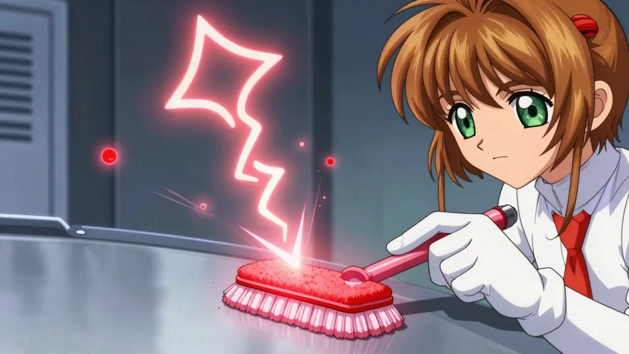 A glowing swab detects invisible chemical residues as spectral contaminants are banished by a radiant rune.