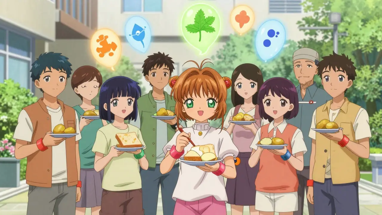 A group of people in a clinic courtyard wearing wristbands and holding small healthy meals.