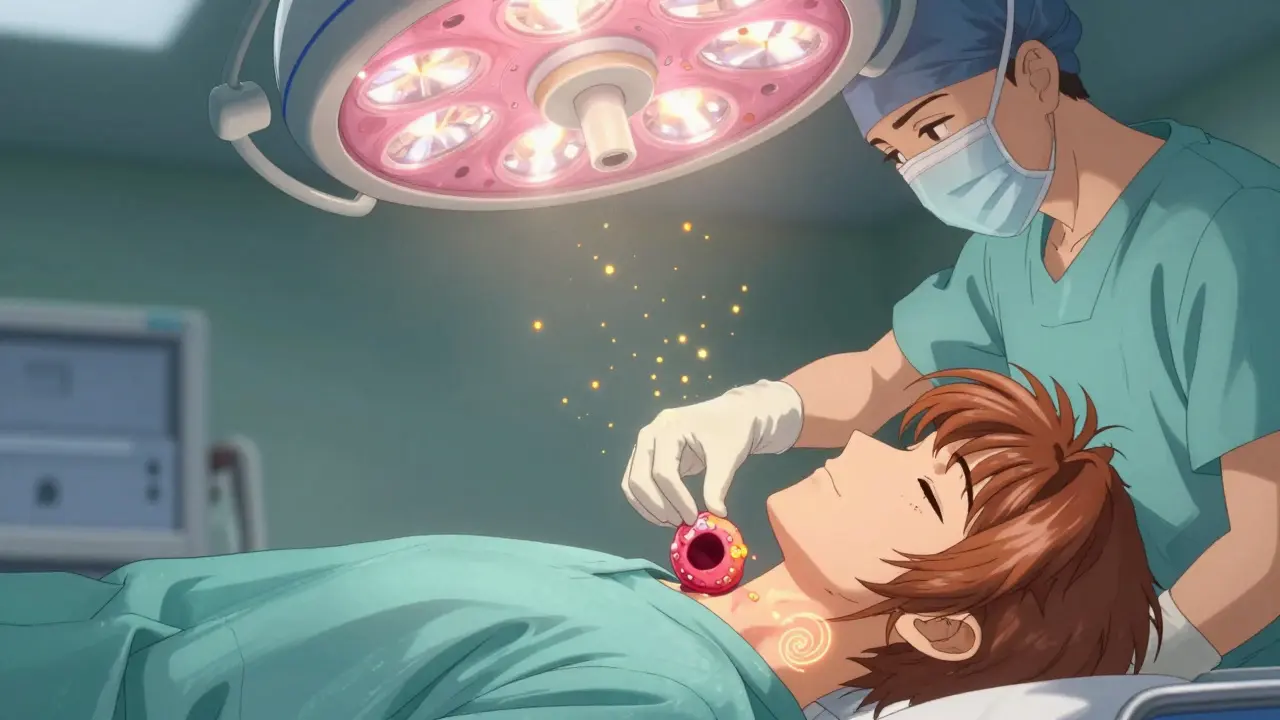 A surgeon removes a glowing adenoma from the neck as golden particles dissolve and healing runes appear around the wound.