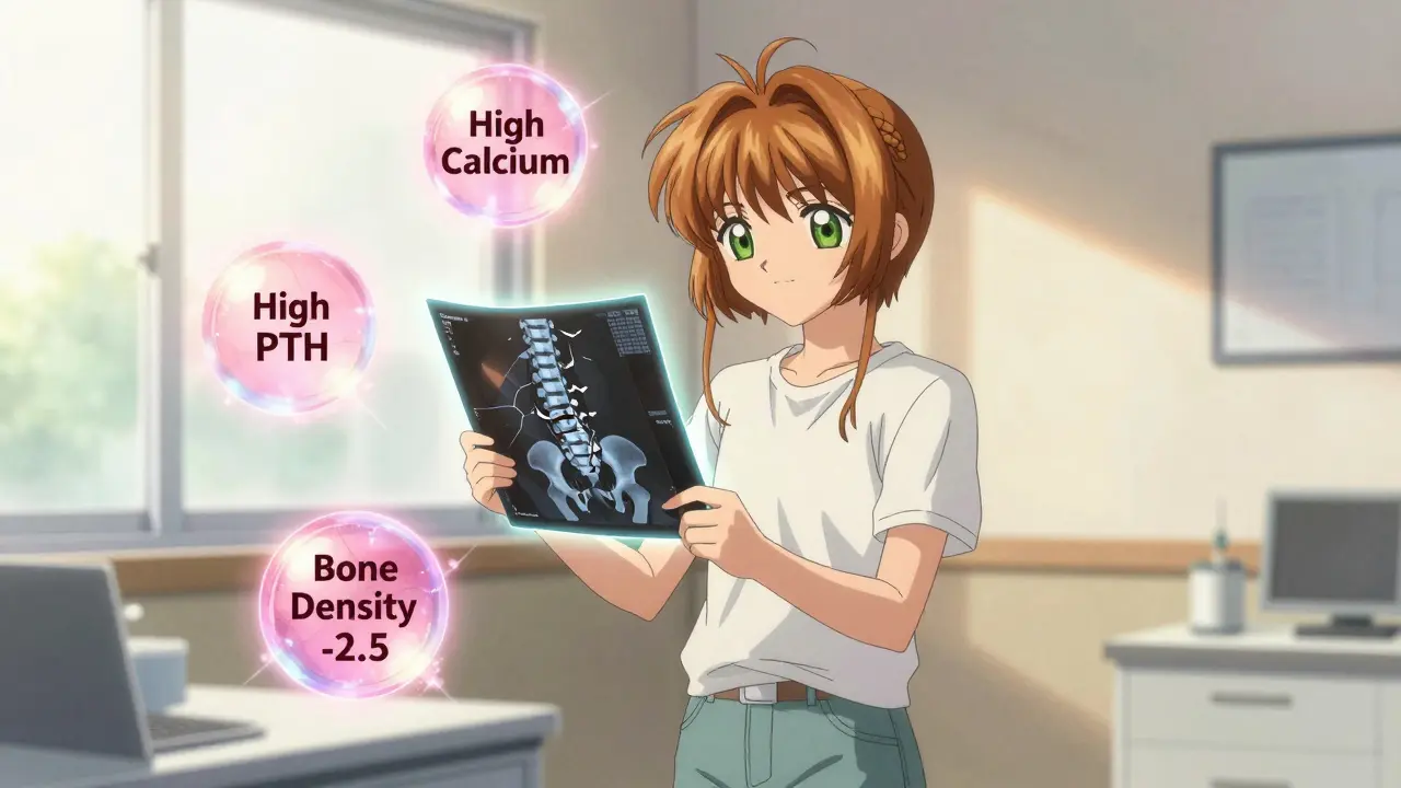 A woman holds a glowing bone scan showing fractures, with floating labels for high calcium, high PTH, and low bone density.