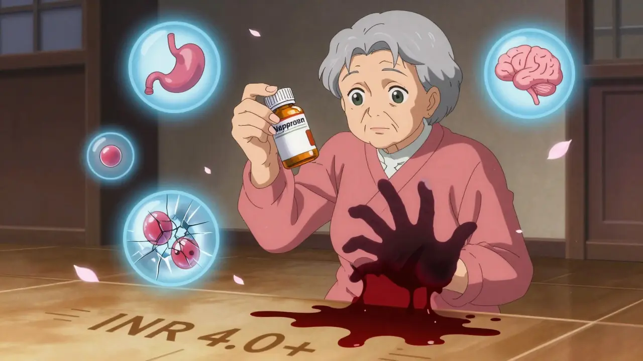 An elderly woman realizing the danger of NSAIDs as blood drips from her stomach, with medical icons cracking.