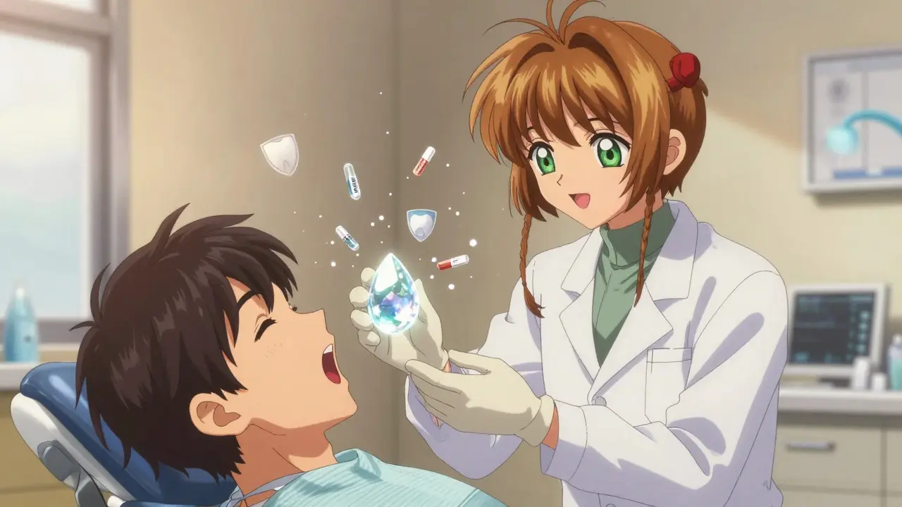 Dentist holding a glowing saliva droplet while shattered drug labels turn to light in a magical dental office scene.