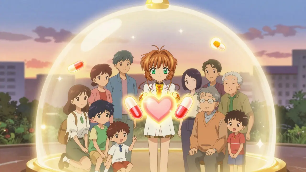 Diverse community protected by a golden shield of light representing safety.