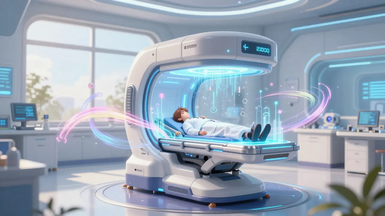Futuristic hospital lab with advanced hybrid imaging technology