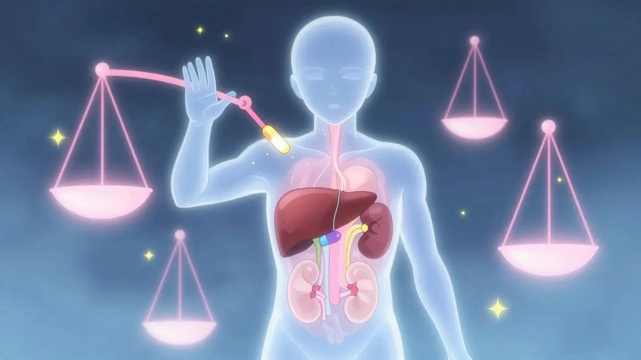 Glowing stylized human figure showing internal organs processing medicine.