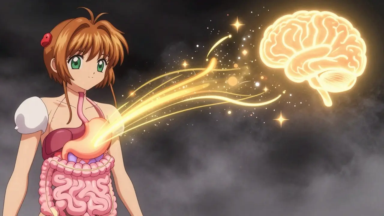 Golden light beams connecting stylized gut to brain, abstract science.