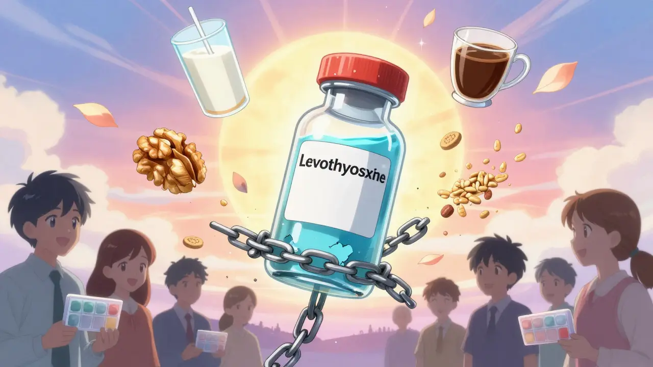 Liquid thyroid medication breaks free from interfering foods, symbolizing hope for better absorption.