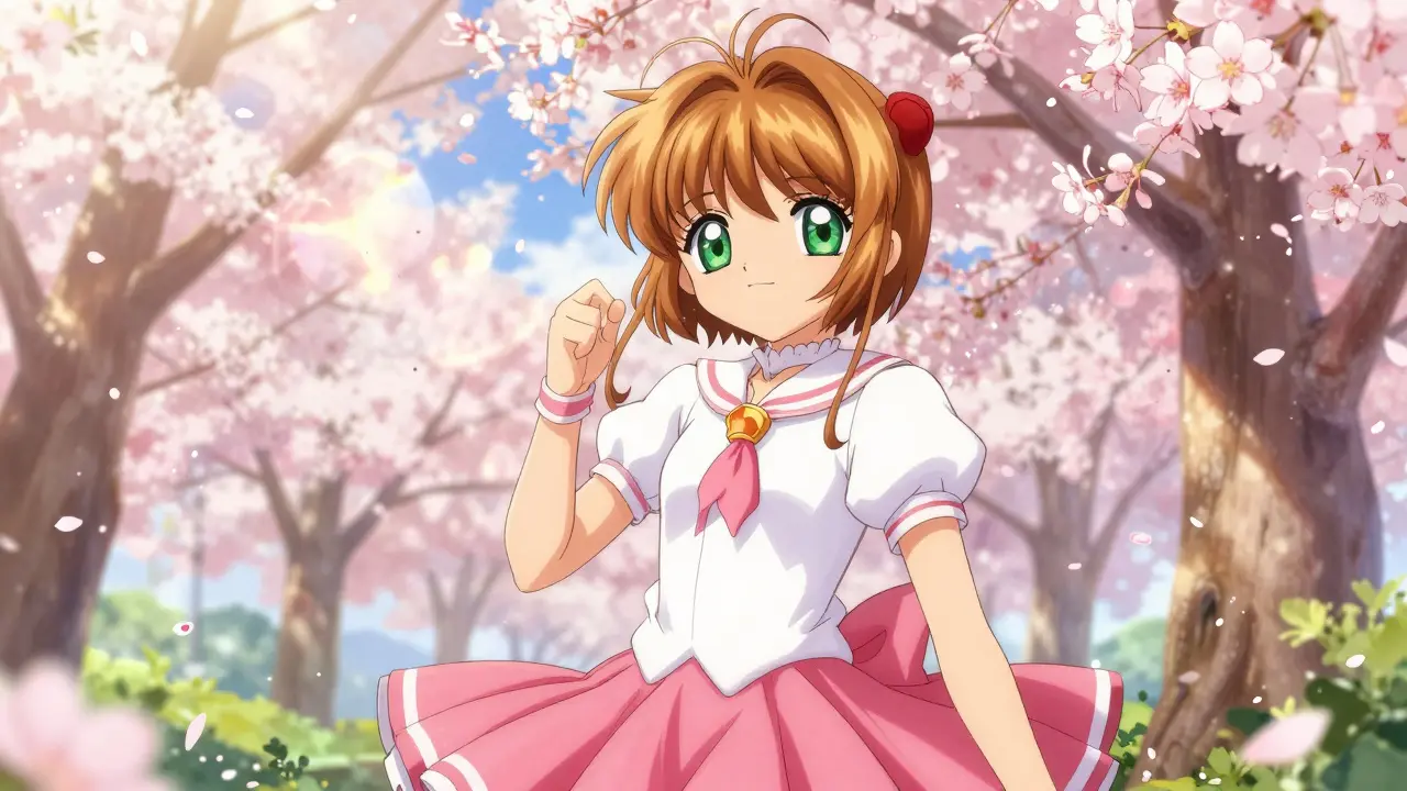 Radiant woman in cherry blossom garden, symbolizing health renewal.