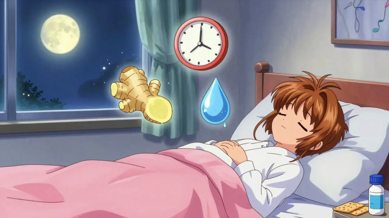 Someone sleeping with crackers nearby, magical calm particles drifting from their stomach.