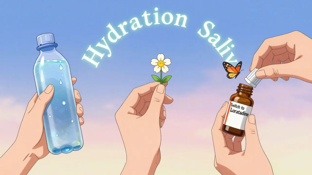 Three hands performing simple remedies for dry mouth, with water droplets, a healing lozenge, and a transforming pill bottle in anime style.