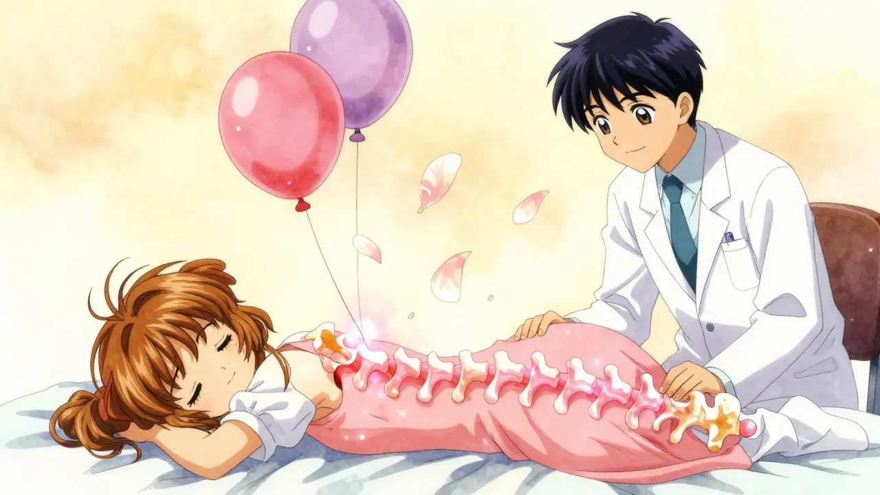 Tiny balloons inflate inside a vertebra, lifting it back with shimmering light and floating bone fragments.