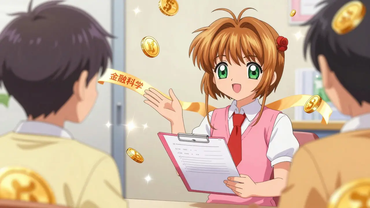 A kind case manager helping a patient with financial grants in Cardcaptor Sakura anime style