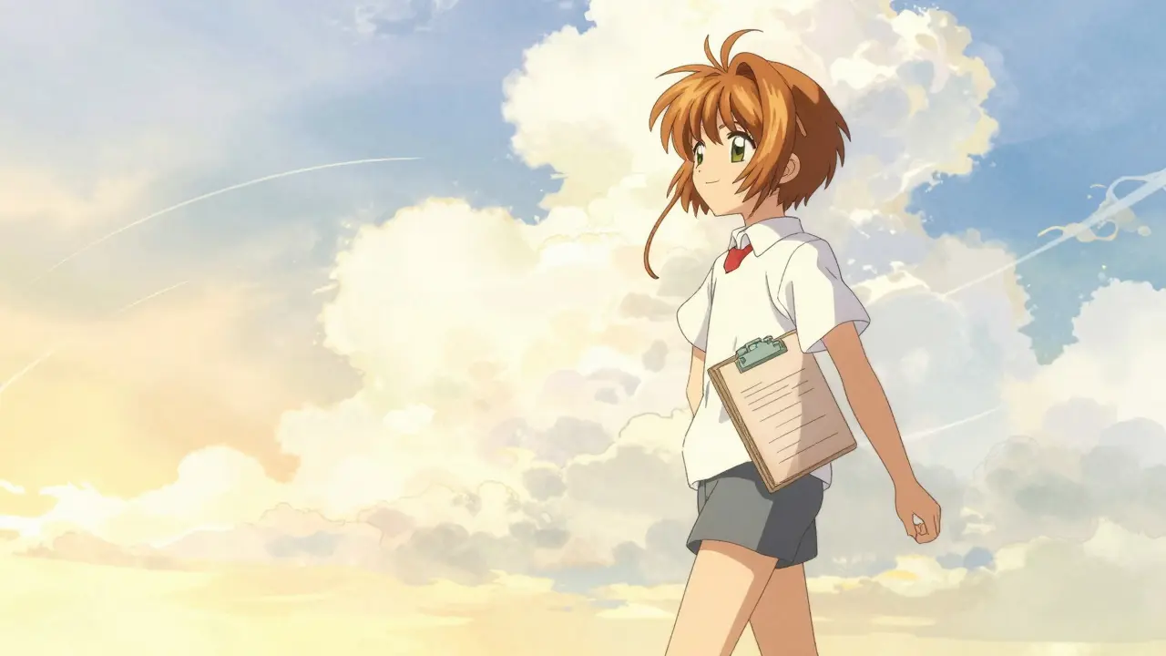 A relieved patient walking toward a bright, sunny horizon in Cardcaptor Sakura anime style